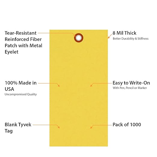 SmartSign (Pack of 1000) 6.25 x 3.125 inch “Yellow” Blank Tyvek Shipping Tags with Metal Eyelets, Size #8, 8 mil Thick Tyvek, Made in USA