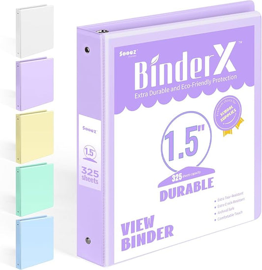 BinderX Extra Durable 1.5 Ring Binder, Round Ring 1.5 Inch Binders, Fits 325 Sheets of 8.5x11 Paper, Customizable View Cover with Inside Pockets, Cute 1.5" Binder, School Supplies for Girls, Lavender