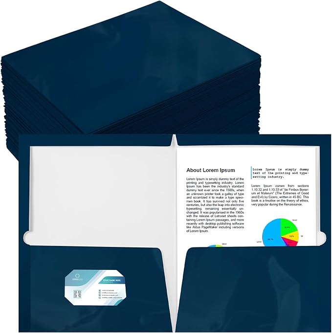 Yeaqee 100 Pack 2 Pockets Glossy Laminated Paper Folder First Day of School Presentation Folder Letter Size Two Pocket File Portfolio Holder Back to School Items Bulk for Teacher Office (Navy)