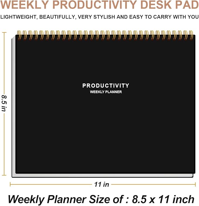 Weekly Productivity Planner - 8.5" x 11" Dashboard Desk Notepad Has 6 Focus Areas to List Tasks for Goals, Projects, Clients, Academic or Meal-Organize Your Daily Work Efficiently, 54 Weeks, Black