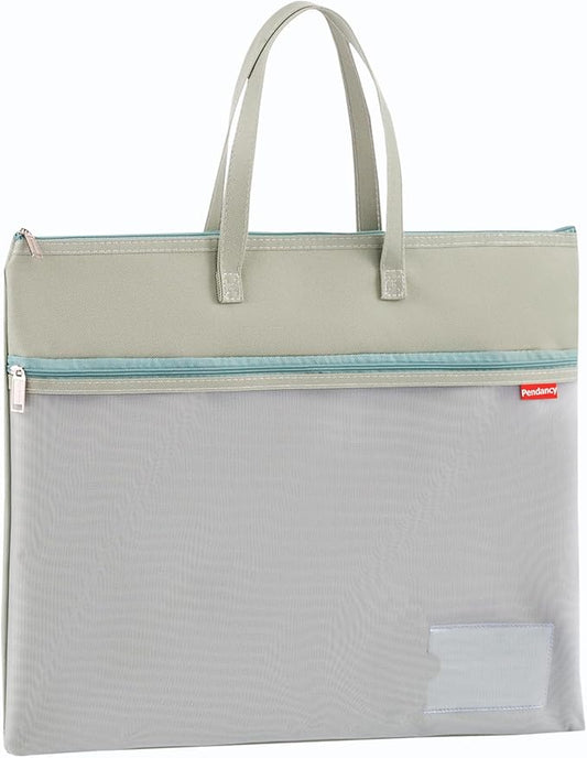 Pendancy Mesh Zipper Pouch A4 Size, Large Double Pocket Waterproof File Bag with Handle, 11x13.8 in Foldable Document Storage for Puzzle Project/Cross Stitch/Travel/Office（Advanced Green）