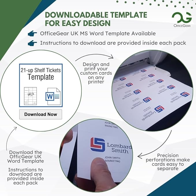 OfficeGear Shelf Edge Barcode Price Ticket Labels 21-up [25 Sheets - 525 Pack] 38x70mm Custom Printable A4 120gsm Card Micro-Perforated Non-Adhesive Merchandise Tag Includes Design Template