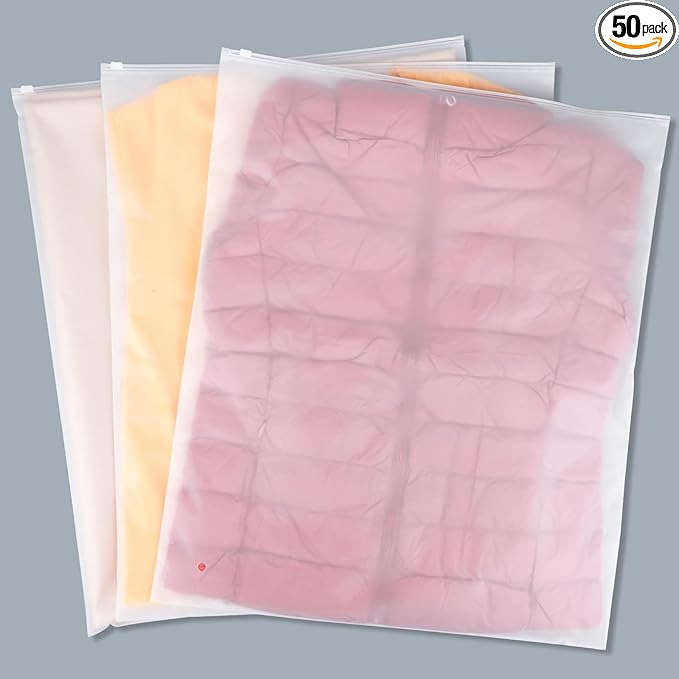 Svaldo Clothing Bags, 50 Count 20x24 inch Jumbo Extra Large Frosted Zipper Plastic Bags for Clothes, Sweater Dress, Backpack, Blanket, T Shirt Packaging Shipping, 3 Mil, with Vent Holes