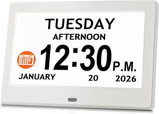 7'' Digital Clock, Dementia Clock With Date And Time, 10 Reminders, 6 Alarms, Auto-Dimming, Auto DST, Remote Control, Large Display Alarm Clock For Seniors, Gifts For People With Dementia, White