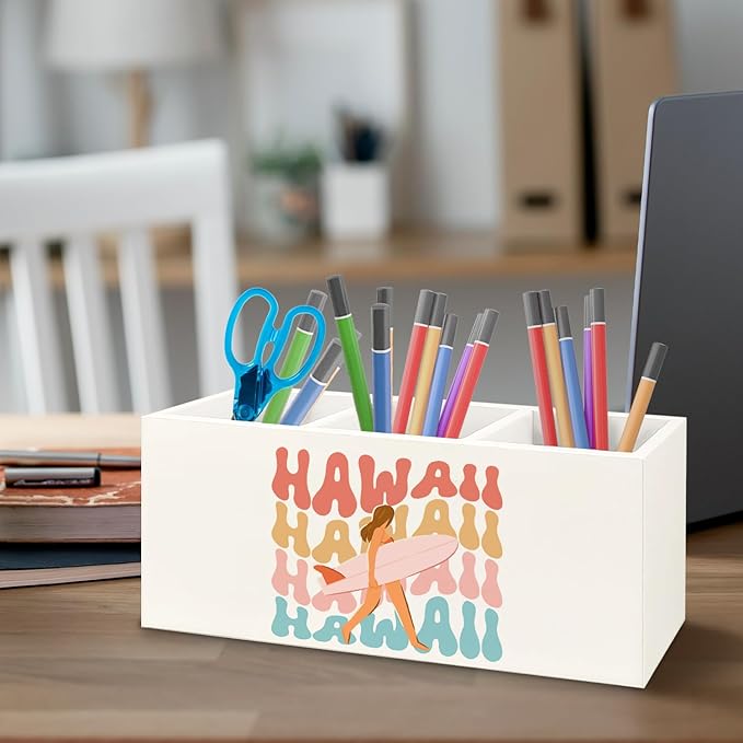 URLLUAE Hawaii Aloha Surf Girl Beach Wooden Pen Pencil Holder for Office Desk Accessories, Gifts for Beach Lovers Surf Enthusiasts Surfers Makeup Brush Toothbrush Holder Organizer