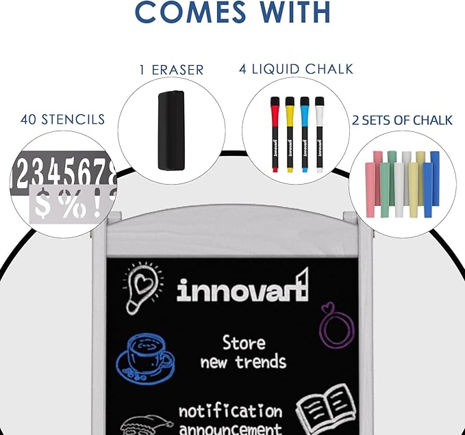 INNOVART Magnetic A-Frame Chalkboard Sign, Sidewalk Sign 45" x 17" With Display Shelf, Free Standing Easel for Restaurant, Business, Wedding or Events, White
