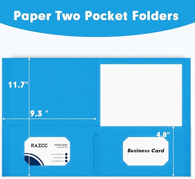 Two Pocket Folders, RAZCC 50 Pack 2 Pocket Folders Fit Letter Size Paper, Paper Folders with Pockets for School Office Business Home (Blue)