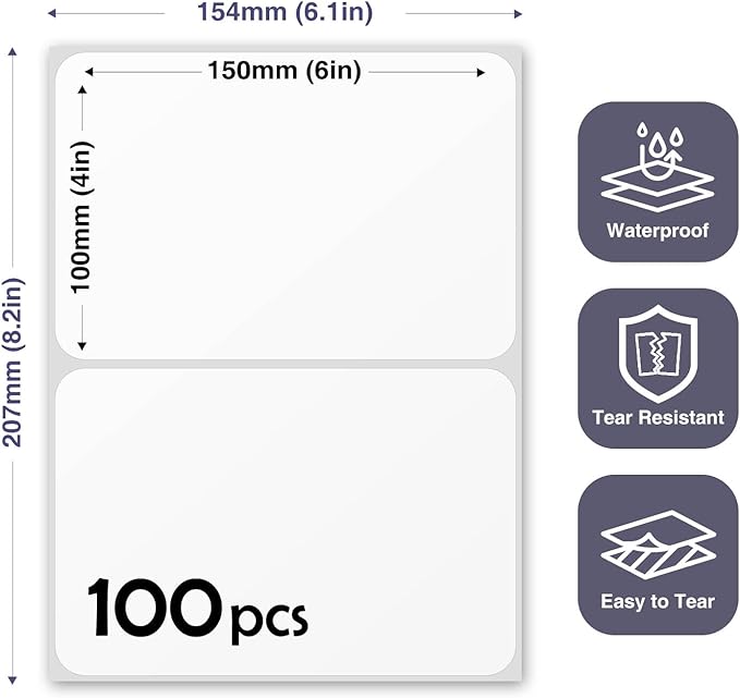 100Pcs Large White Labels for Storage Bins,6x4 Inch Removable Labels,Large Labels for Blank Box,Strong Adhesive Tear Resistant No Residue Blank Labels (White)