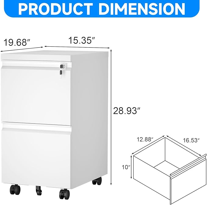 HOMOFFICE 2 Drawer File Cabinet with Lock, Metal Mobile Filing Cabinet on Wheels, Compact Desk Side Storage Cabinet for Home Office, Letter/Legal/A4 File Organizer with Anti-Tip Wheel (White)