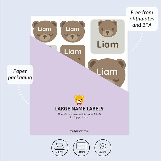 Large Name Labels for Kids (33) - Custom Stickers for Daycare and School Supplies - Durable, Waterproof Stickers for Water Bottles, Lunch Boxes, and More with Unique Designs - Bear