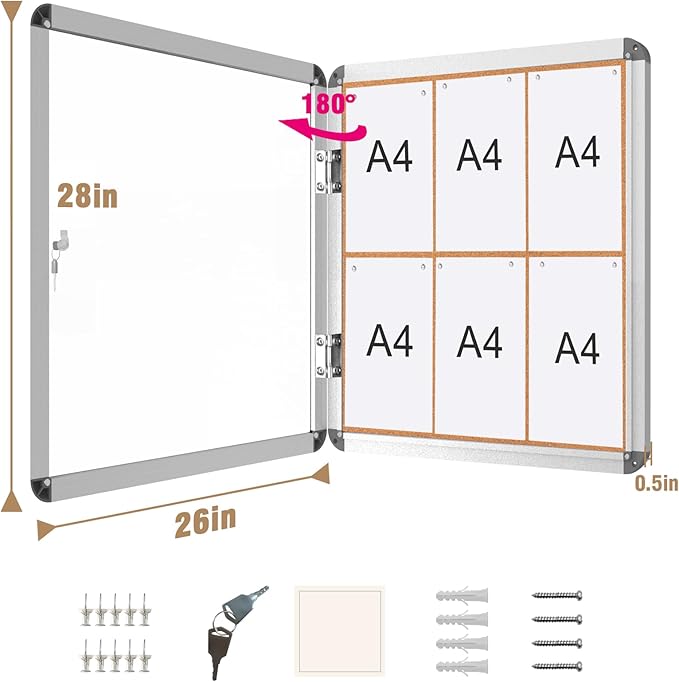 Mifuro 28"x26" Enclosed Bulletin Board, Lockable Weather-Resistant Aluminum Cork Noticeboard for School & Office, Silver Frame w/Cork
