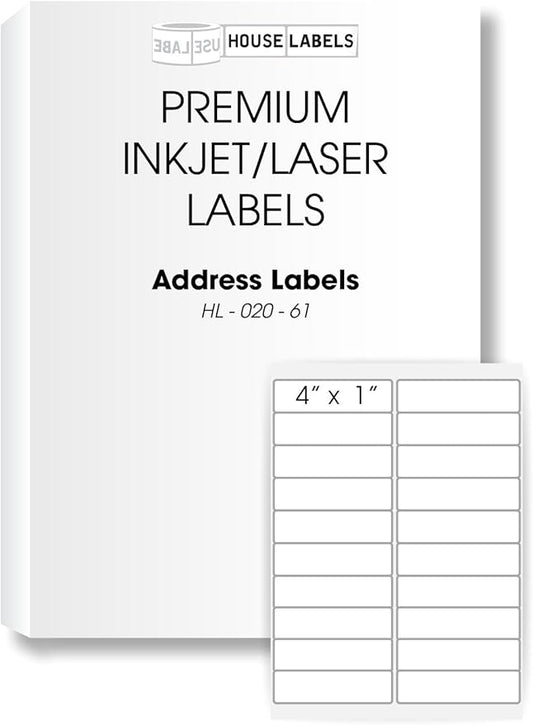 HOUSELABELS 20-up Shipping Labels (4" x 1") for Laser and Inkjet Printers, 25 Sheets