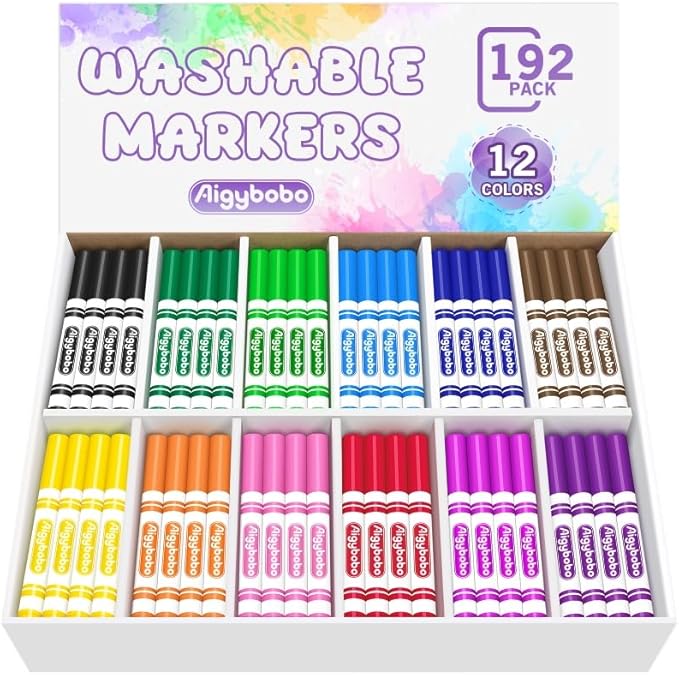 Aigybobo 192 Count Washable Markers Bulk, 12 Assorted Colors, Broad Line Conical Tip Coloring Marker for Kids, Markers Bulk Pack for Classroom, School Art Supplies & Back to School Supplies