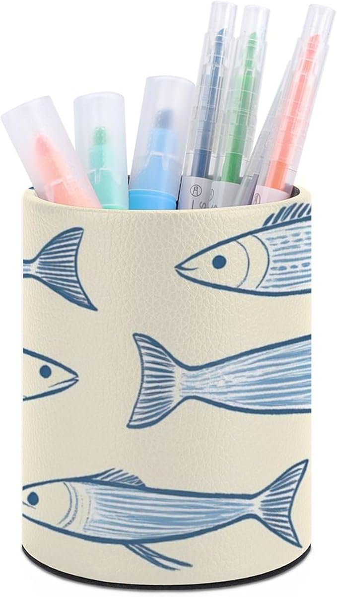 Sardine Fish Pencil Holder Leather Desk Organizer Stand Round Pen Cup Container for Home Office