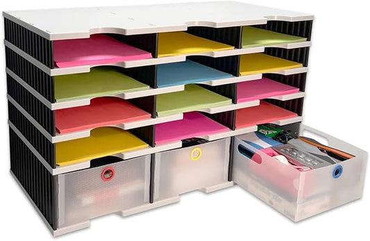 Desktop Organizer 12 Letter Tray Sorter Plus Riser Storage Base & 3 Storage Drawers - Ultimate Office TierDrop Desktop Organizer Stores All of Your Documents & Supplies in One Compact Modular System