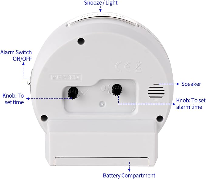 Tinload 4.3" No Ticking Analog Alarm Clock,Silent Readable for Seniors,Easy to Set,Gradual Rise Alarm,Big Numbers,On/Off Switch on Side,Gentle Wake,Snooze,Lighted on Demand,Battery Operated,White