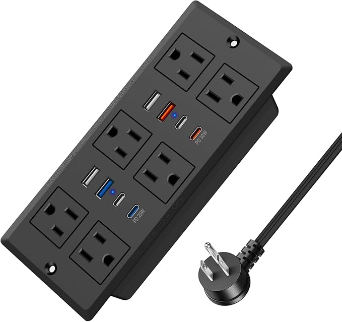 Recessed Power Strip, 30W PD USB-C & USB-A Fast Charging, Drawer Outlet Plug in 6 Outlets & 8 USB Ports, Furniture Flush Mount Desk Outlets for Conference Table, 10FT Cord Black