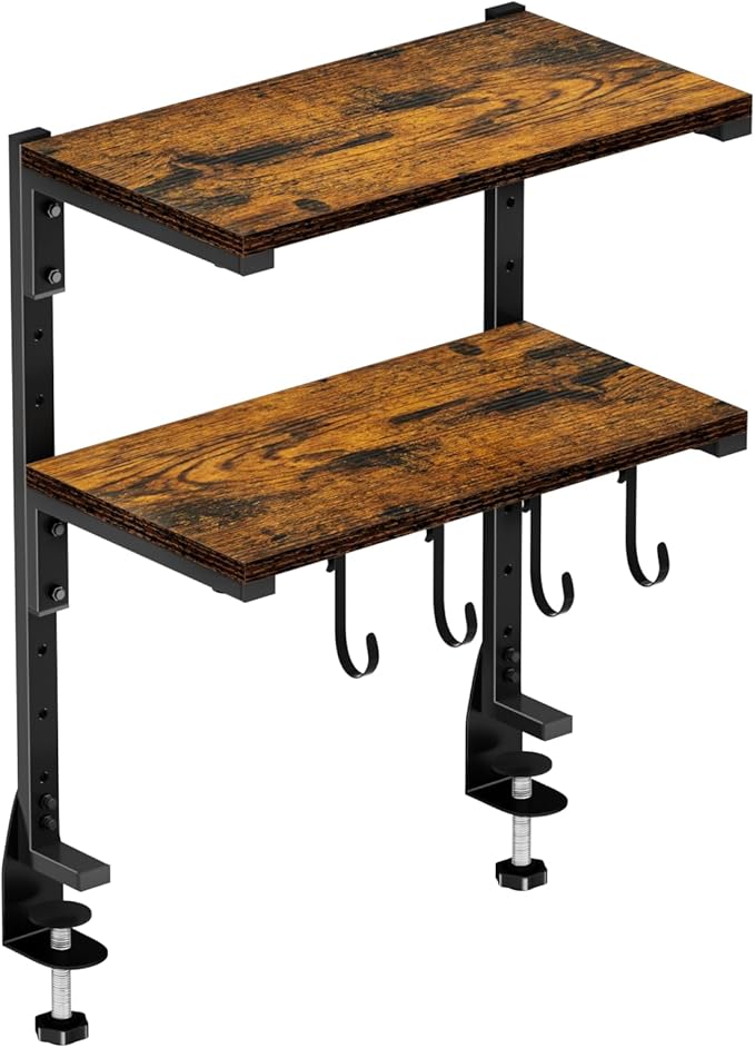 AUATRONNE Clamp-on Desk Shelf, 13 inch Above or Below Desk 2-Tier Shelving, Adjustable Metal Storage Tray for Gaming Devices or Office Desk Accessories and More, Brown, Patent Pending