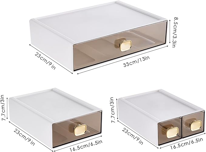 DETEIN 2 PACK Desk Organizer with Drawer Stackable Storage Drawer Small Desktop Drawer Plastic Clear Desk Organization Storage Box for Accessories, Markers, Clips, Cables (White,M-2 Drawer,Pack of 2)
