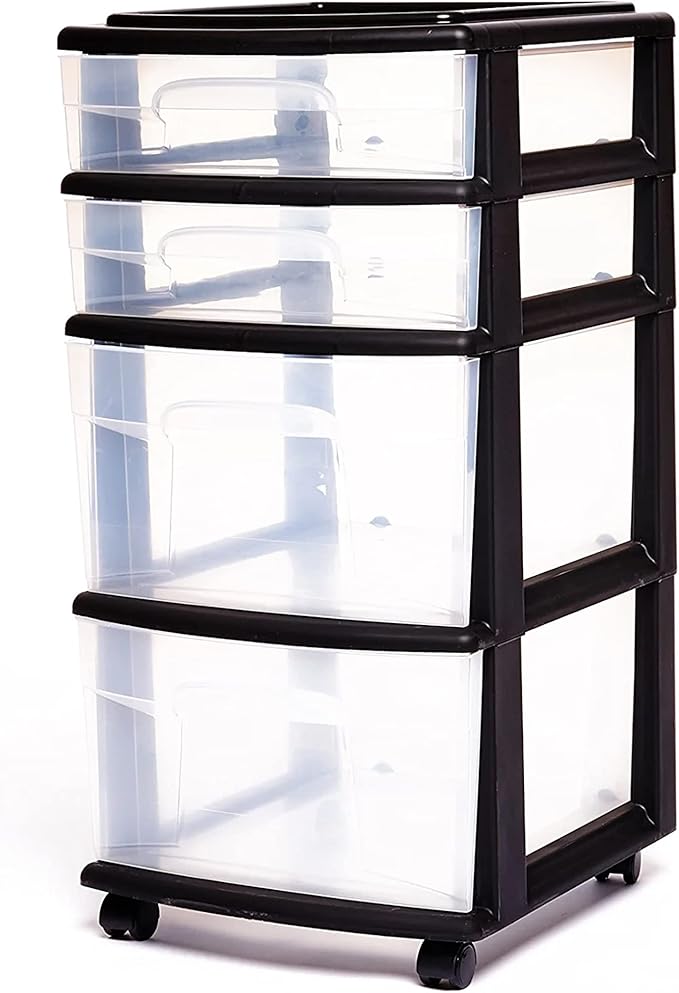 HOMZ 2-Pack Drawer Tower, 4-Tier Clear Plastic Storage Organizer Cart, Black Frame - Organizing Containers with Wheels for Home, Bathroom, Bedroom, Office, and Classroom