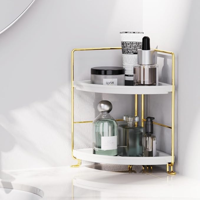 FSyueyun 2-Tier Corner Bathroom Counter Organizer, Tool-Less Installation Vanity Shelf Small Plastics Countertop Makeup Tray Skincare Perfume Organizers (Gold)