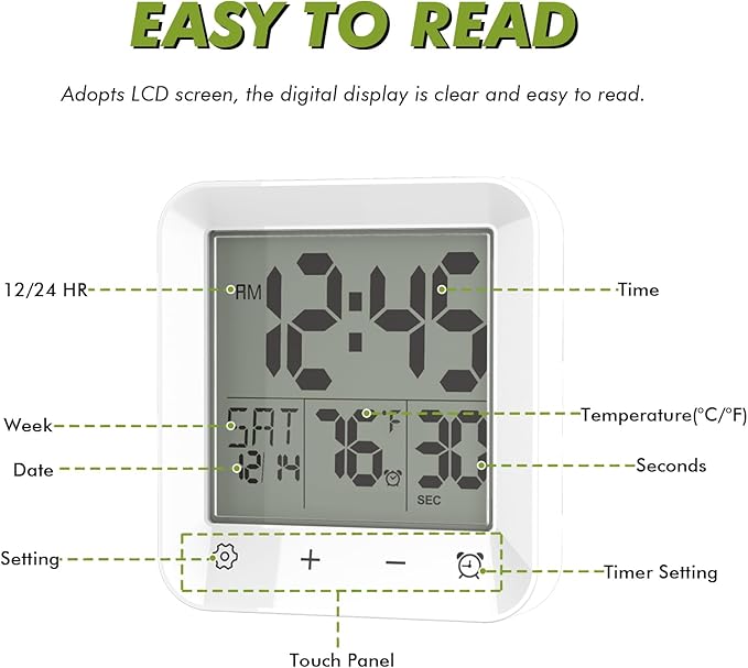 Wisoee Digital Shower Clock Waterproof, Bathroom Wall Clock Timer with Touch Screen, Temperature, LCD Display, Suction Cup Hanging Hole Stand for Kids and Adults
