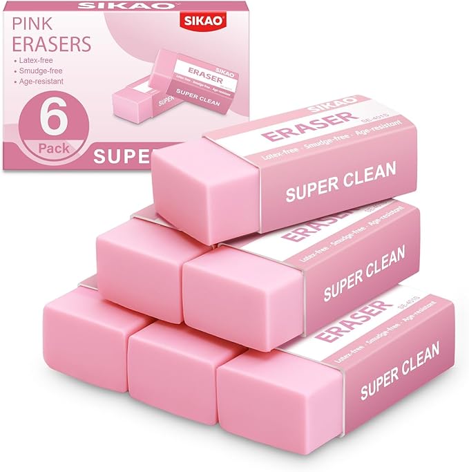 SIKAO Pink Erasers, 6 Pack Block Pencil Erasers – Smudge-Free Latex-Free Cute Erasers for Kids & Girls, School Supplies, Clean Erase for Homework, Journaling & Drawing