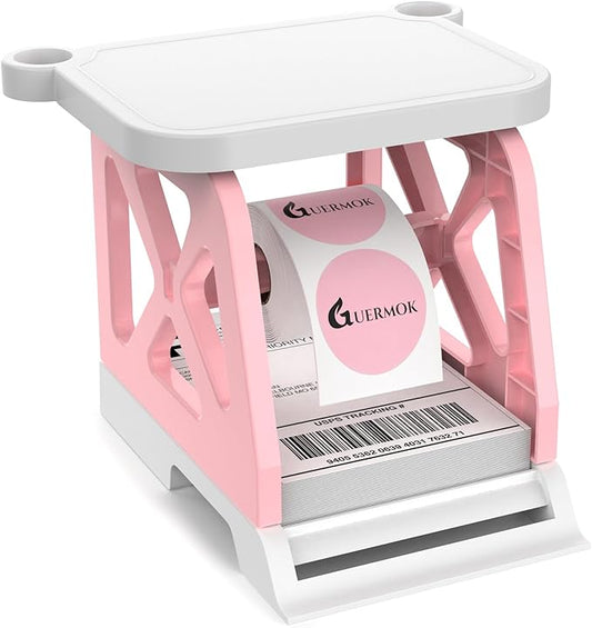 Guermok 3-in-1 Thermal Label Holder Stand for Printer – Desk Organizer for Roll & Fan-Fold Labels, Cable Management, Easy Assembly for Home, Office, Retail & Small Business(Pink)