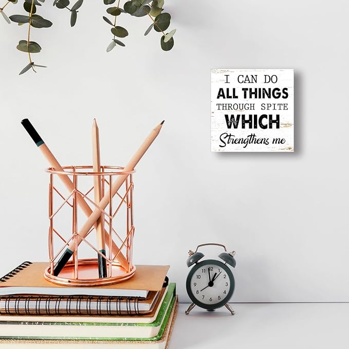 WUZYOU I Can Do All Things Through Desk Sign Wood Block Decor, Inspirational Office Wood Box Sign, Motivational Desk Accessories for Women Office Shelf 5x5x1 INCH