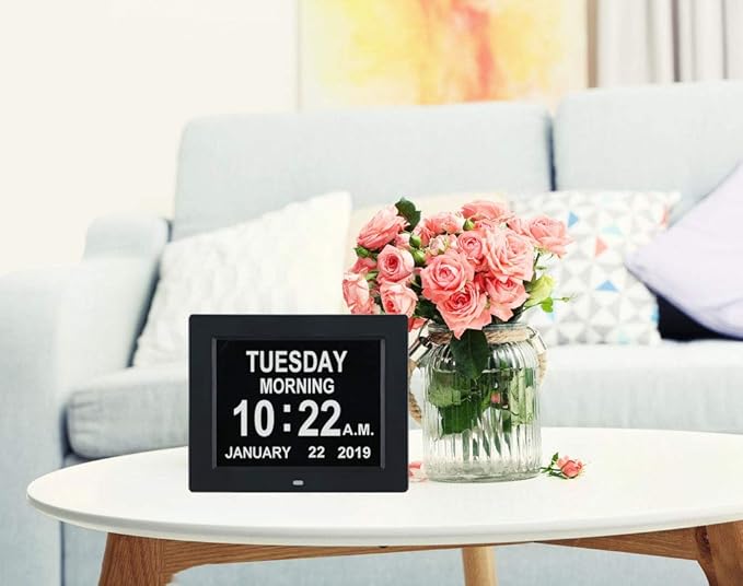 TMC 8 Inch Dementia Clock for Seniors – Large Auto-Dimming Calendar Display with Date & Time, Multi-Language Support, Medicine Reminders & Alarms – Wall or Desk Mount, Integrated Stand (Black, SD)