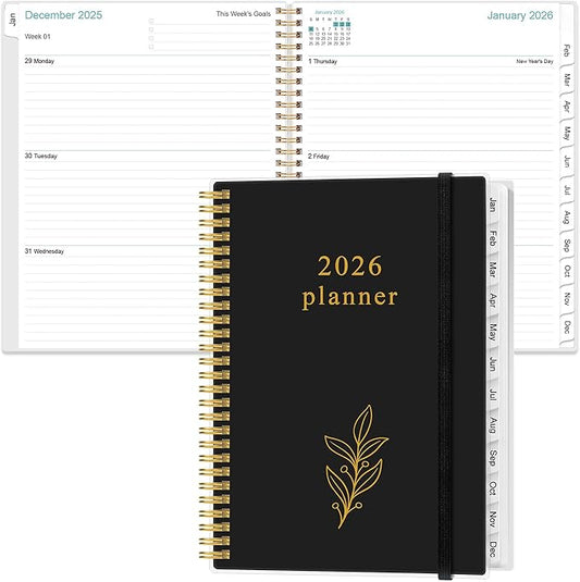 2026 Planner - Planner 2026 from January 2026 to December 2026 with 12 Monthly Tabs, Flexible Cover, Inner Pocket, 8.5" x 11", Leaf Black