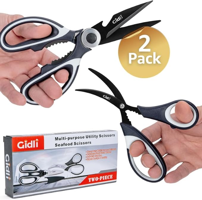 Titanium Coated Kitchen Shears by Gidli - Liftime Replacement Warranty* - Includes Seafood Scissors As a Bonus - Heavy Duty Utility Titanium All Purpose Ultra Sharp Scissors for Food/Cooking