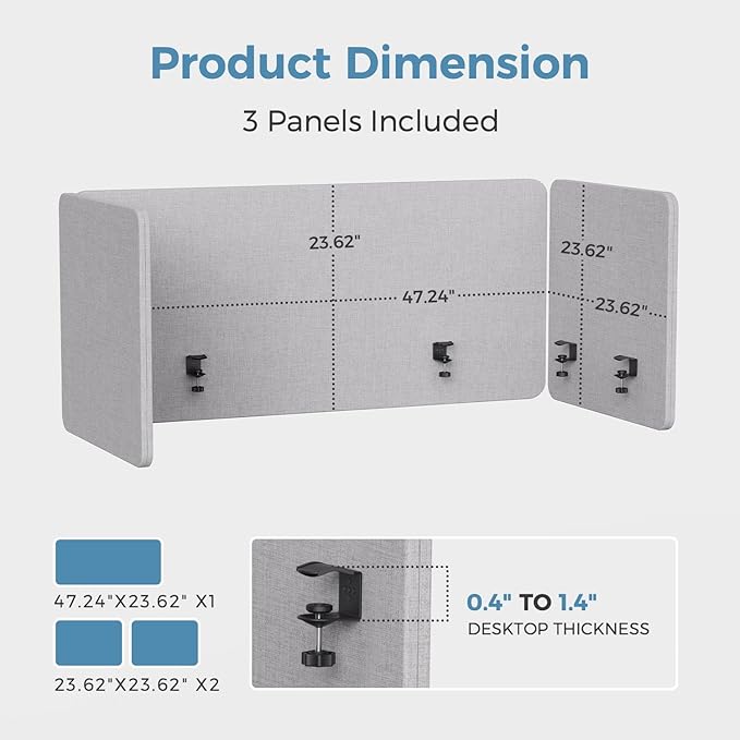 MORDEER 47.2 Inch Desk Divider Panels Set, Acoustic Divider Panel for Privacy, Fabric Wrapped Room Dividers for Office, Easy Assemble, Light Grey