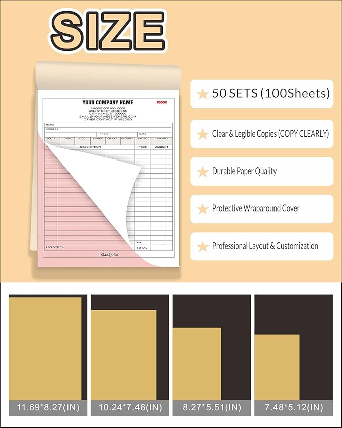 Custom Carbonless Invoice Book with Logo, Personalized Cover & Inner Pages, 2 Part NCR Receipt & Work Order Forms, Easy Tear, Writing Shield for Small Business (2-Part [White/Red], 8.3 x 5.5INCH)