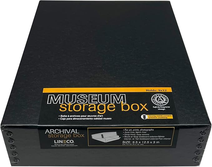 Lineco, 9x12x3 Museum Storage Box, Removable Lid and Drop Front Design. Archival Acid-Free with Metal Edge. Storing for Photos, Documents, Prints, DIY, Black