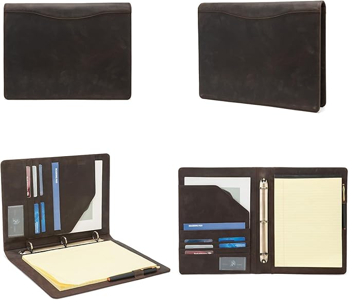 Geslun Personalized Genuine Leather 3 Ring Binder, Custom Engraved 8.5 x 11 Letter Size Folio with Pen Holder, Soft Notebook Portfolio Cover, Notepad Padfolio Organizer for Meeting, Dark Khaki
