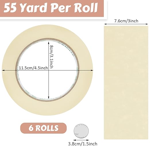 Fainne Masking Tape Bulk General Purpose Masking Painting Tape 55 Yards for Painting Home Office School Stationery Arts Crafts Basic Use, Easy Removal(6 Rolls,3 Inch)