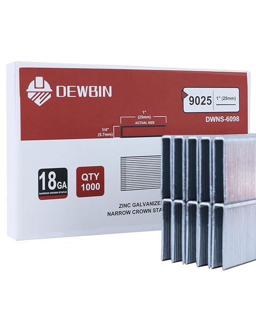 DEWBIN 18 Gauge Narrow Crown Staples, 1000 Cts 1-Inch 18GA Heavy Duty Galvanized Upholstery Staples for Electric or Pneumatic Narrow Crown Stapler Guns