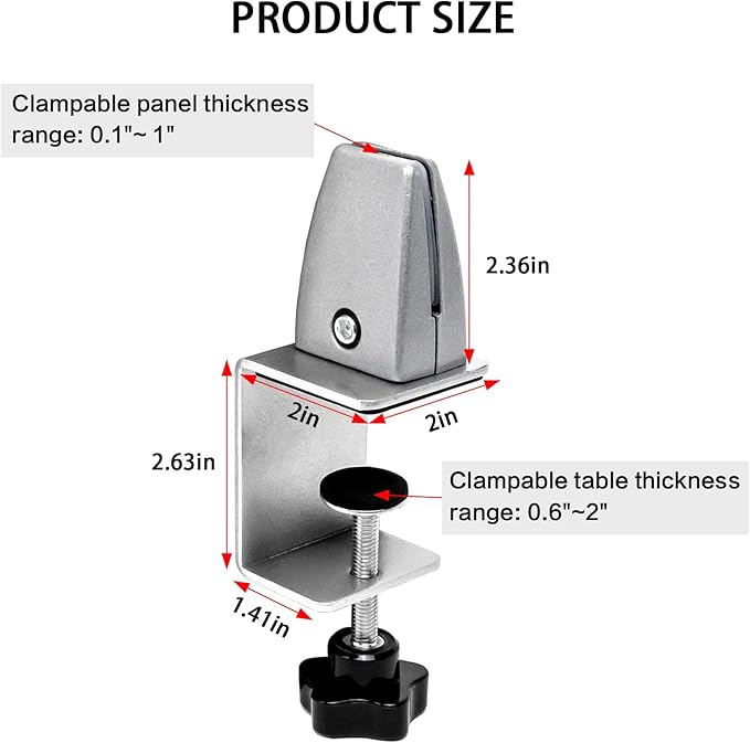 Heavy Duty Sneeze Guard Clamp For 0.1" to 1" Thick Panel,Desk Partition Support Clamps,Adjustable Aluminum Desktop Divider Holder,Easy to Install Desk Privacy Panel Clips, 4 Pack,Silver