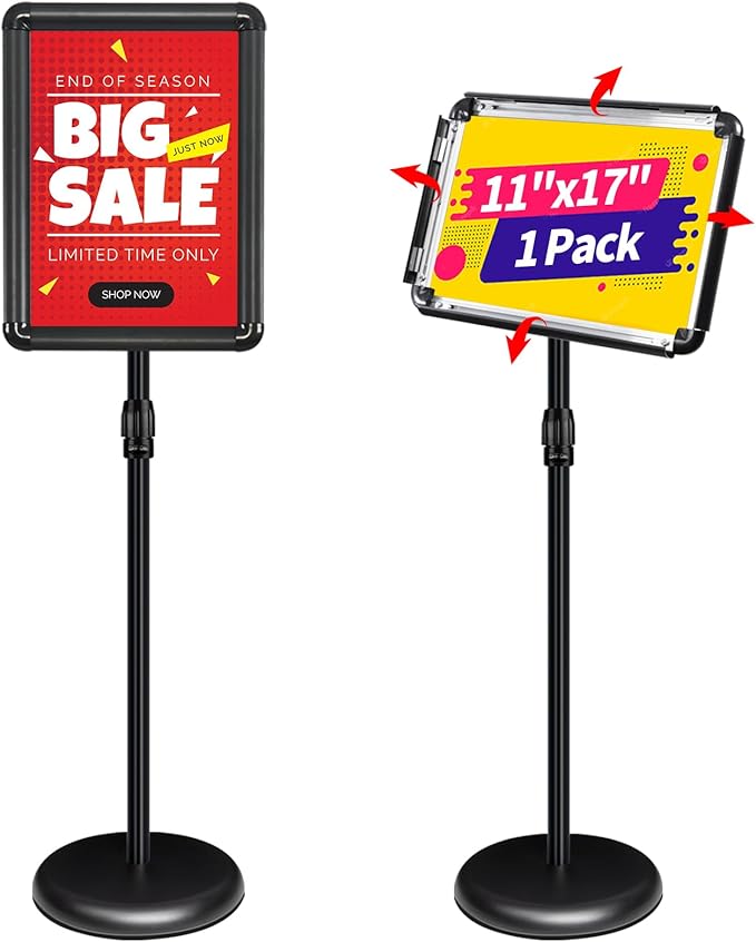 INNOVSIGN Adjustable Pedestal Sign Holder Stand 11x17Inch, Floor Standing Poster Sign Stand, Aluminum Frame for Vertical/Horizontal View Sign Stand,Outdoor/Indoor Standing Sign Holders(Black,Round)