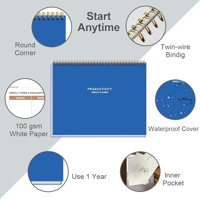 Weekly Productivity Planner - 8.5" x 11" Dashboard Desk Notepad Has 6 Focus Areas to List Tasks for Goals, Projects, Clients, Academic or Meal-Organize Your Daily Work Efficiently, 54 Weeks, Blue