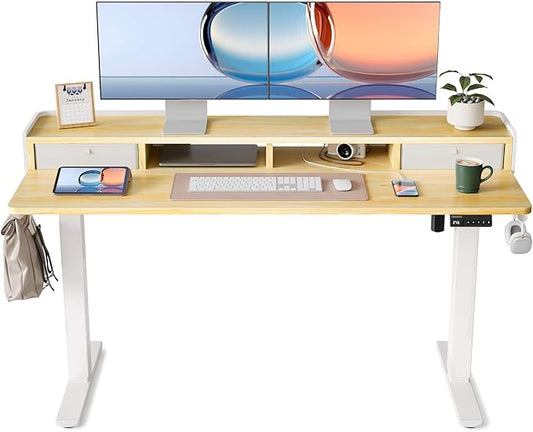YIHAYO Electric Standing Desk with Drawers, 60 x 24 Inches Adjustable Desk with Storage Shelf, Computer Table with Splice Board for Home Office, White Frame/Natural Top