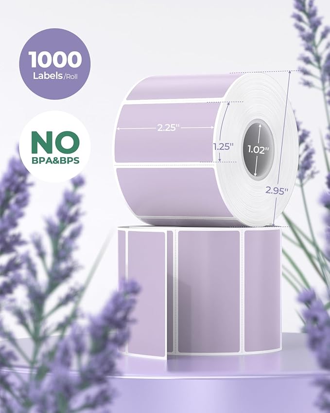 MUNBYN 2.25"x1.25" Thermal Sticker Labels, Purple Self-Adhesive Barcode Label Paper for Direct Thermal Printer and Business, Multi-Purpose Rectangle Address Shipping Mailing Sticker,1000 Sheets/Roll