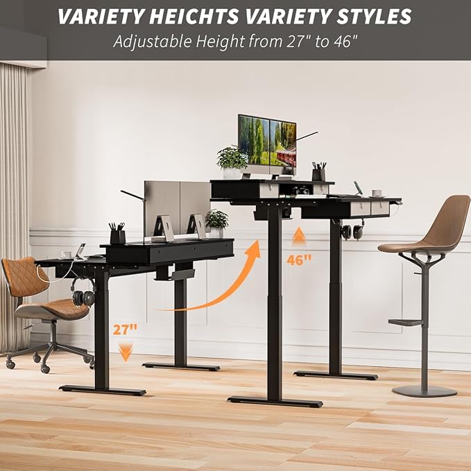 Kingant 55 x 30 Inch Electric Standing Desk with 4 Drawers, Adjustable Height Computer Desk for Home Office, Large Workstation Sit Stand Up Desk with Built-in USB A/C Charging Ports, Black