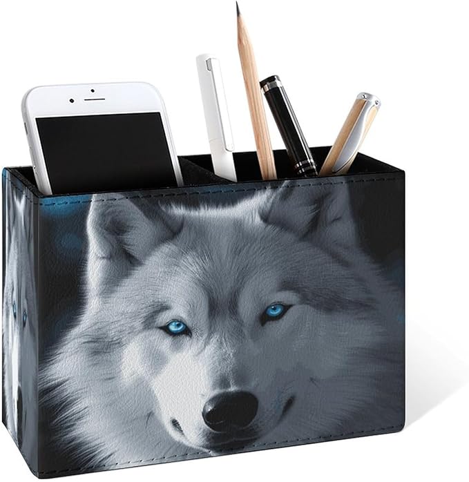 Famame White Wolf Blue Eyes Pencil Holder for Desk, Leather Desktop Container Pen Cup Storage Study Table Pen Organizer Makeup Brush Holder for Classroom Office Home