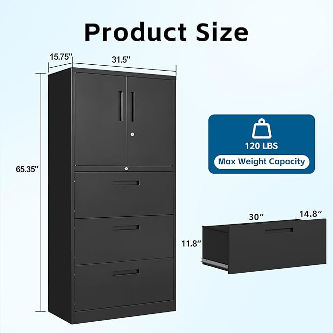 PEUKC 3-Drawer Metal File Cabinet, Lateral Vertical Filing Cabinets for Home Office, Locking File Cabinets with Storage Shelves, Legal/Letter/A4 Size Office File Cabinet (Black, Assemble Required)