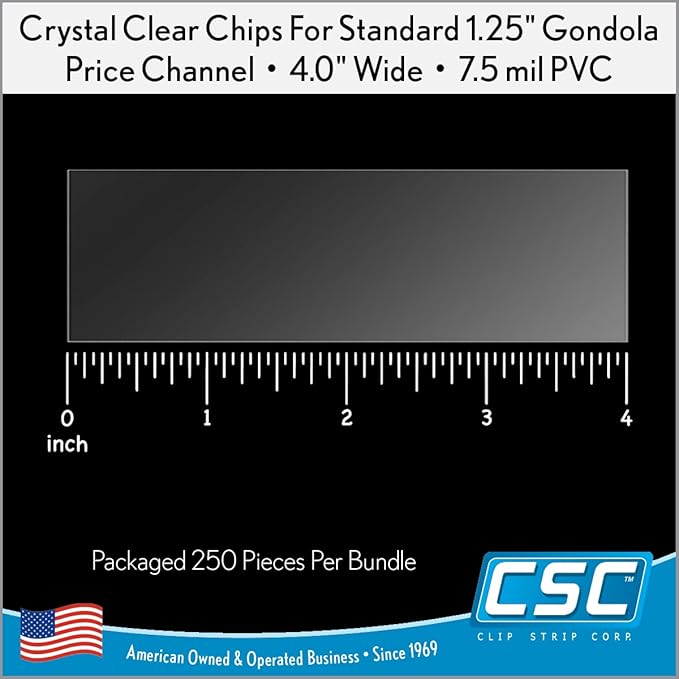 Clip Strip Corp. Price/Data Channel Label Holder Chips, Clear Plastic Tags, 4" L x 1.25" H, 7.5 Mil Thick, Gondola Shelf Edge, Reusable, Made for Point of Purchase Shelf Molding (250)