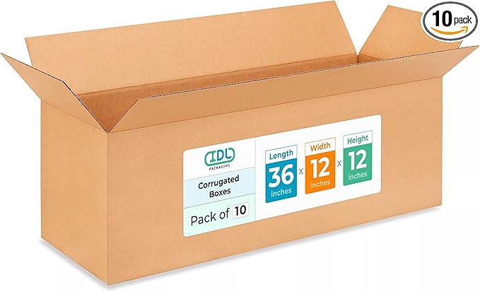 Exrta Large Shipping & Moving Boxes 36x12x12" (10-Pack) - Extra Strength 200 lb vs Regular - Corrugated Shipping Boxes for USPS/UPS - Strong Cardboard Box - Large Moving Box by IDL Packaging