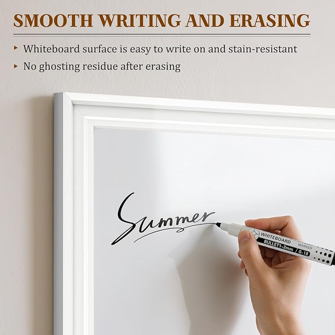 White Board for Wall, 24'' x 18'' Magnetic Dry Erase Board, Decorative Whiteboard with Plain White Wooden Frame, Hanging Writing Board for Home Office School Dorm