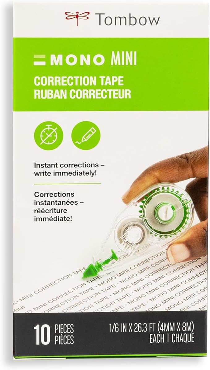 Tombow 68722 MONO Mini Correction Tape Easy to Use Applicator for Instant Corrections,Clear, 10-Pack